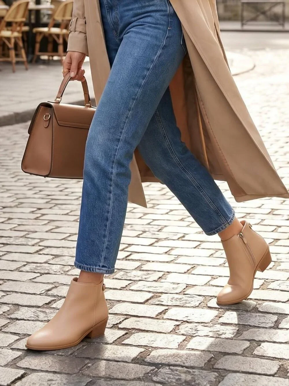 Women's Khaki Chunky Low Heel Side Zipper Fall Dress Pointed Toe Short Boots